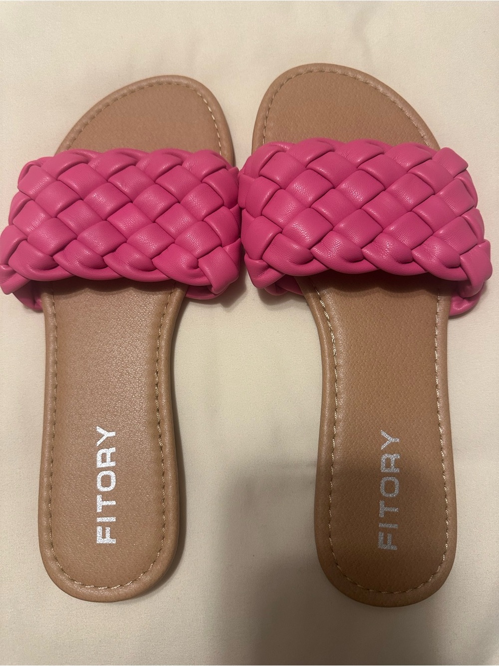 FITORY Hot Pink Braided Slide Sandals with Tan Footbed